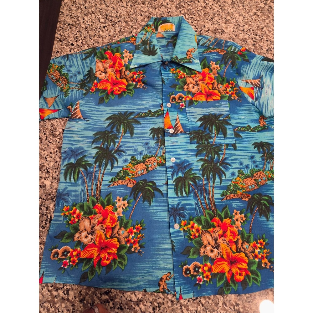 Vintage Aloha Hawaiian Shirt Mens Large Blue Tropical Floral Palm Tree RN 42828